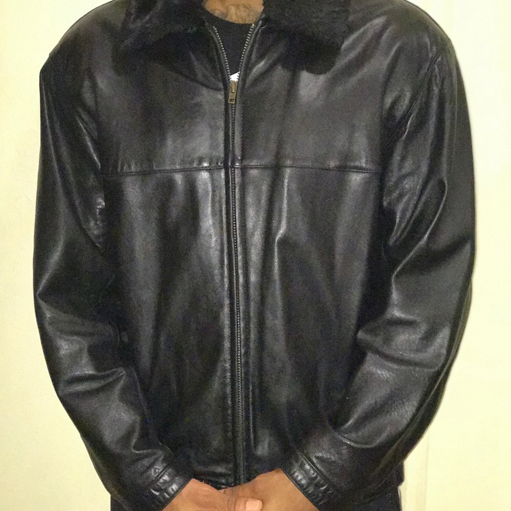 Mens Nicole Miller Faux Fur-Trimmed Leather Jacket